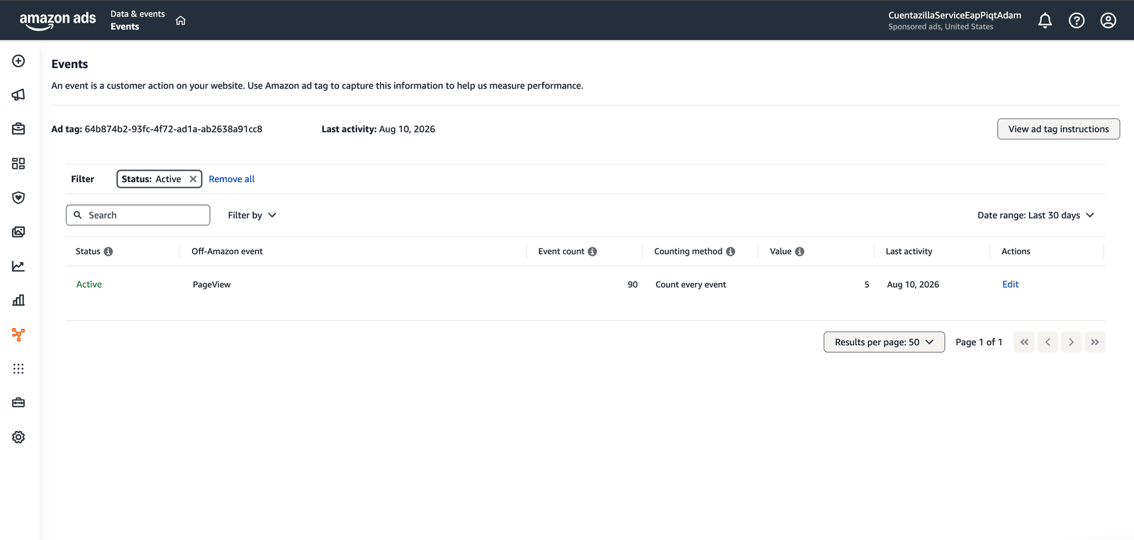 Events Manager, filtered to a client's active event — advertisers can see live counts and last-activity dates for events firing from their Amazon ad tag.