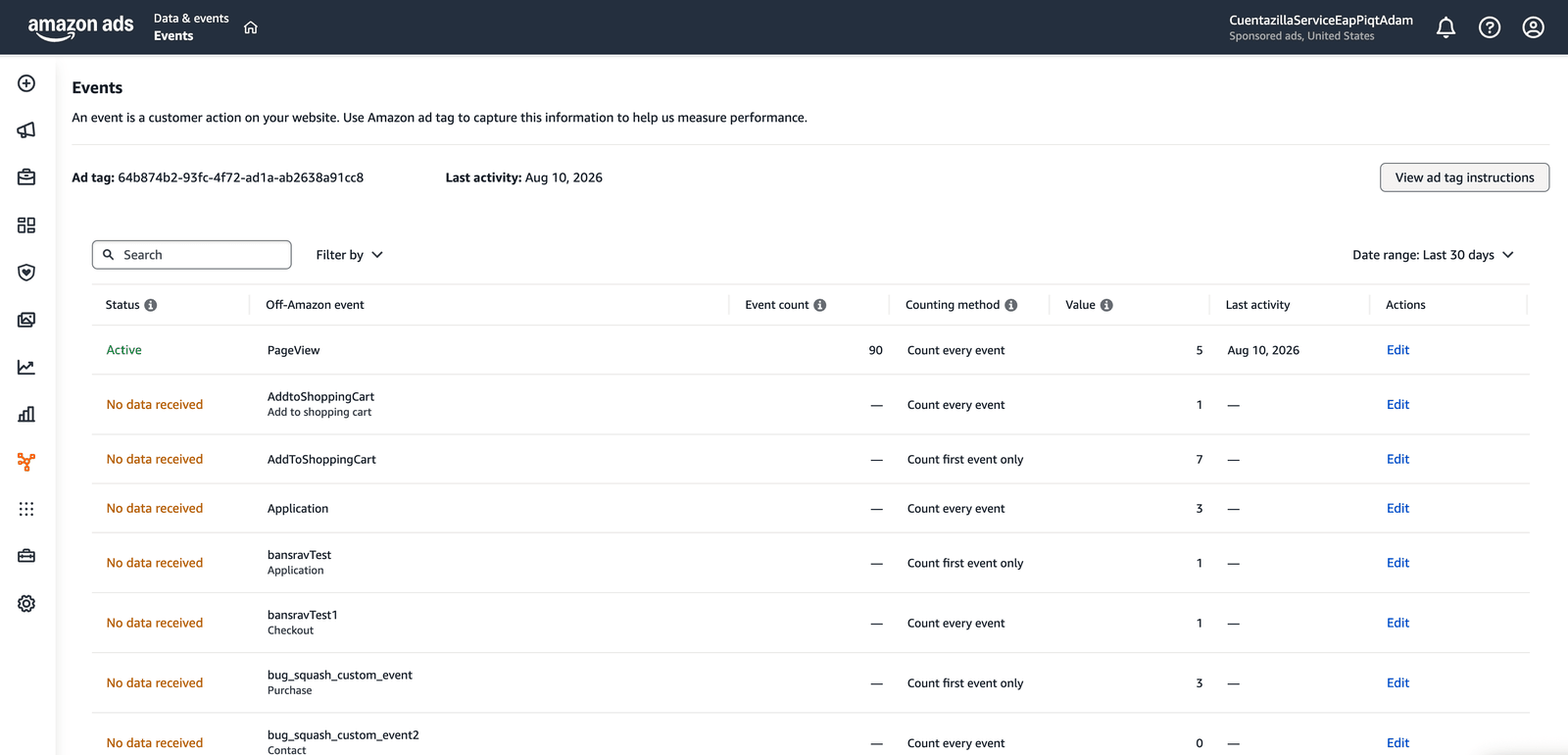 The full events catalog — dozens of supported off-Amazon event types, from add-to-cart to custom application events, that advertisers can enable and monitor.
