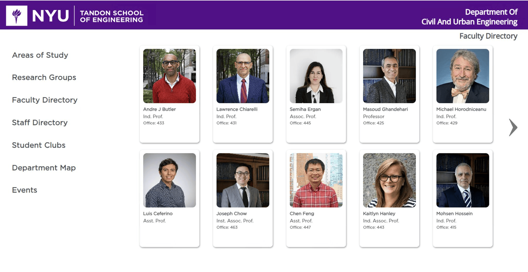 The final design: a single purple header bar, clean sans-serif navigation, and real faculty photos with name, title, and office number — the version that shipped.