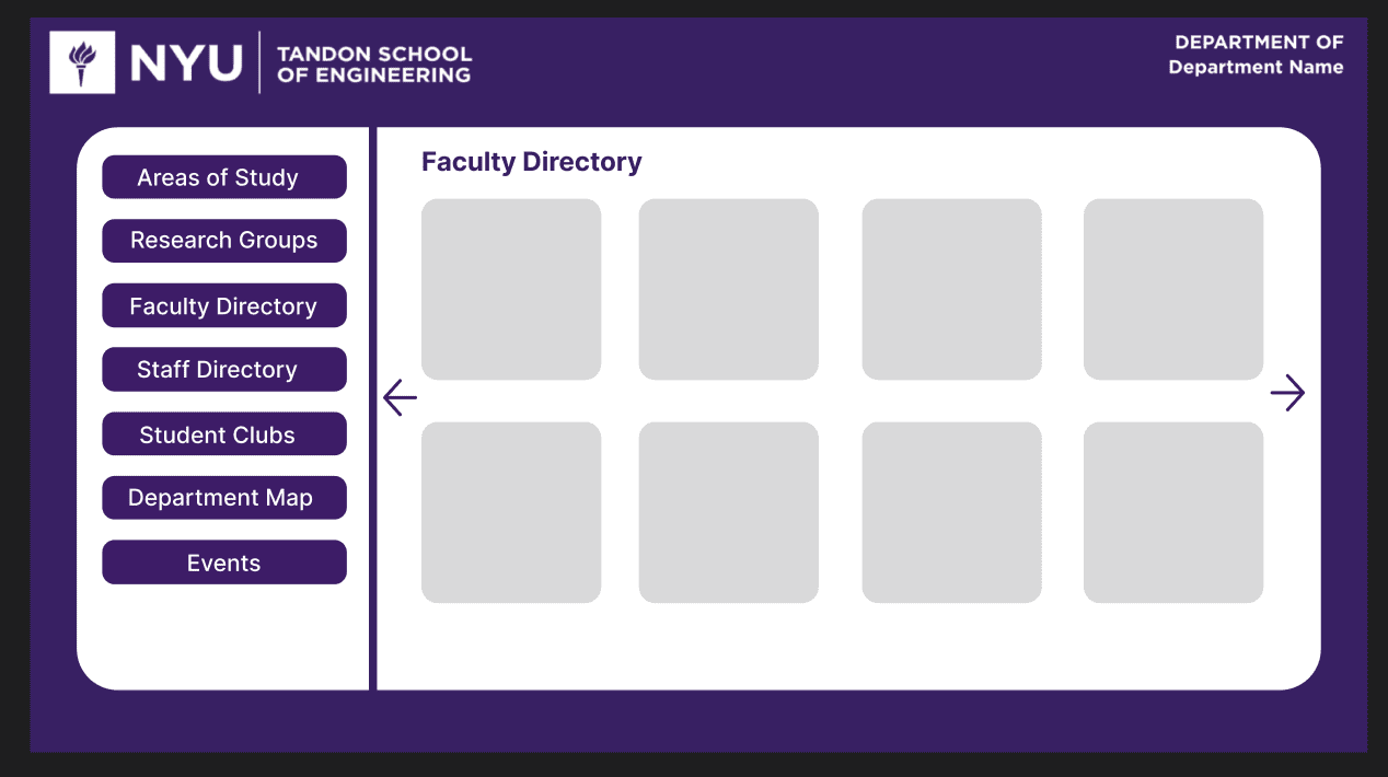 My first redesign: fully committed to NYU purple, with rounded cards and pill navigation replacing the original's flat gray buttons.
