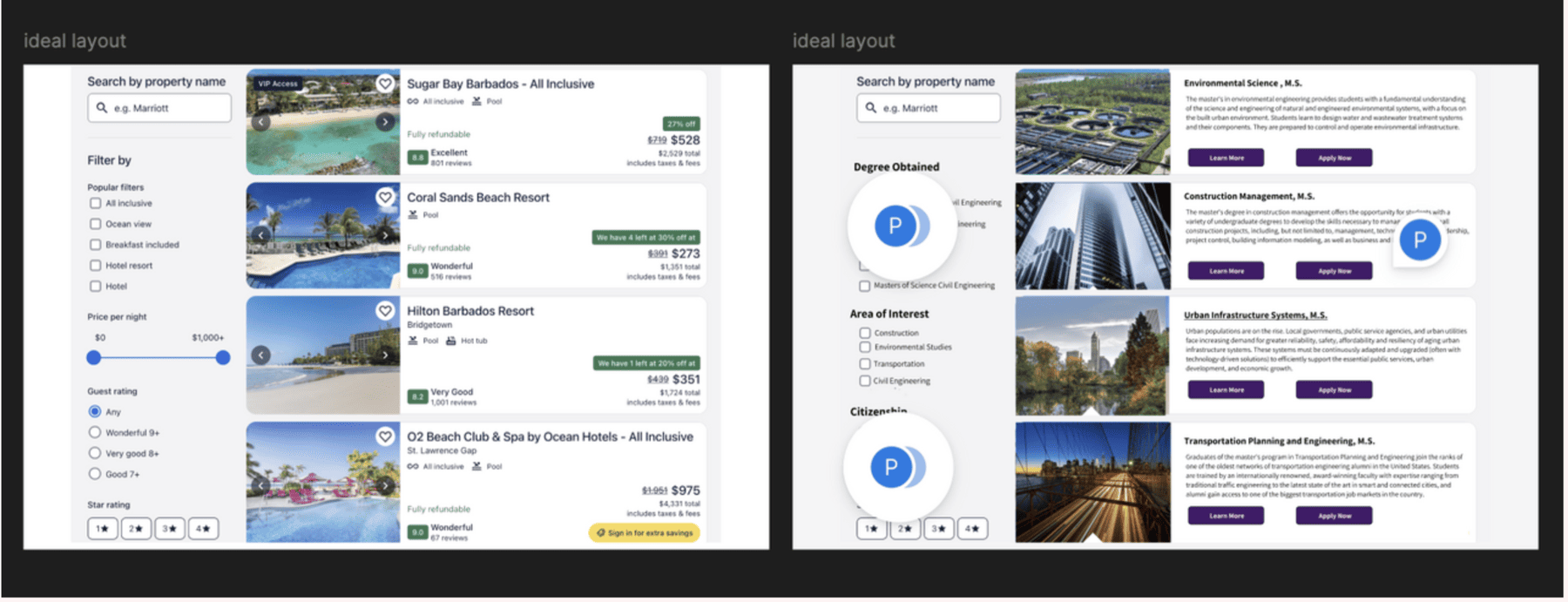 Deconstructing Expedia's actual search-results layout (left) and mapping its filter-sidebar-plus-results-list pattern directly onto the degree finder (right).