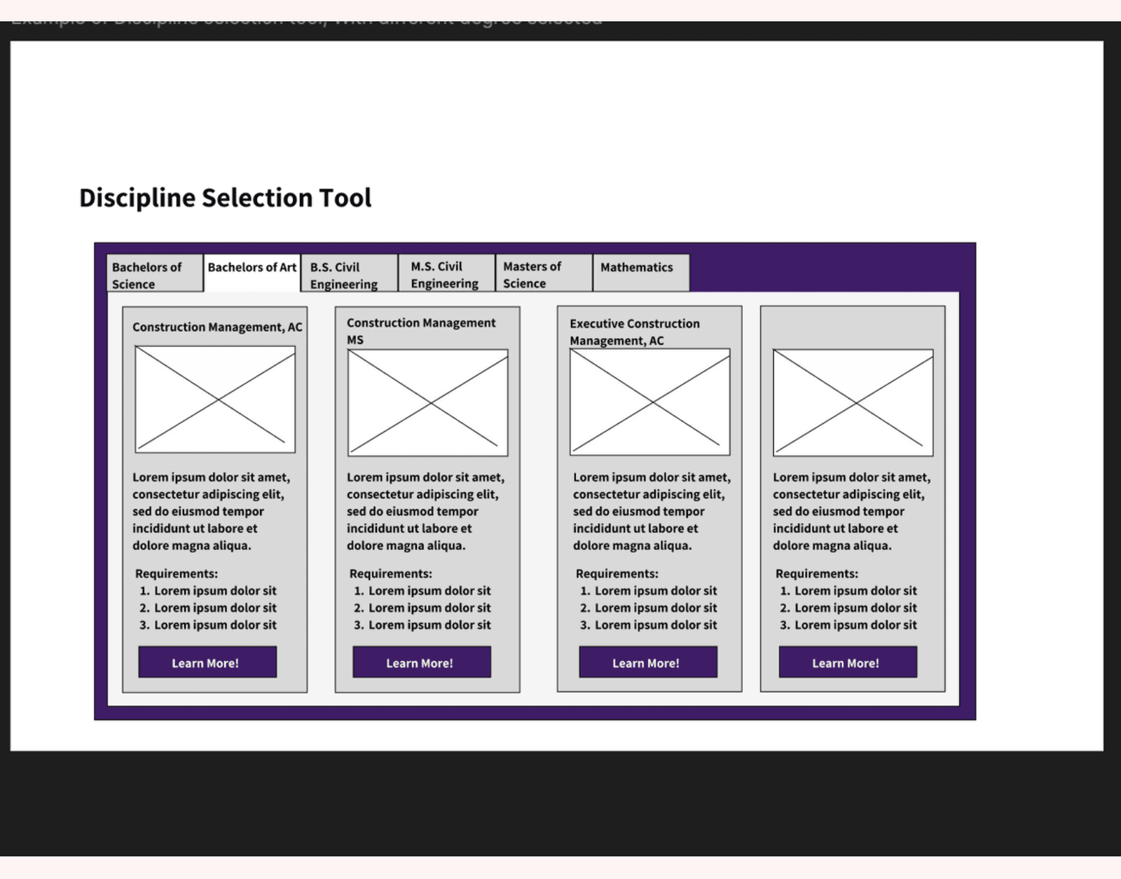 The first working wireframe: tabs by degree type, each revealing program cards with requirements and a clear next step.