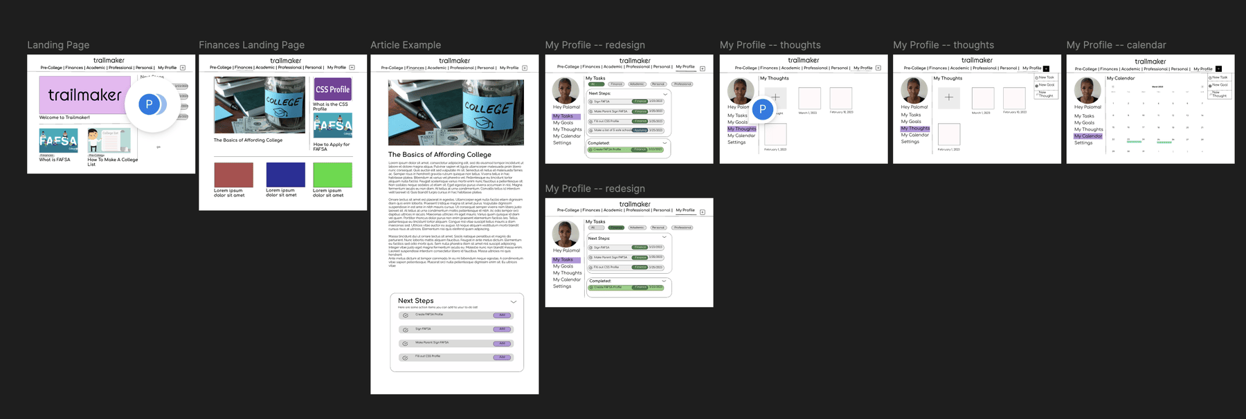 A slice of the Figma file — the landing page, finances hub, article template, and several rounds of the profile, thoughts, and calendar screens — reviewed with peers before moving to code.