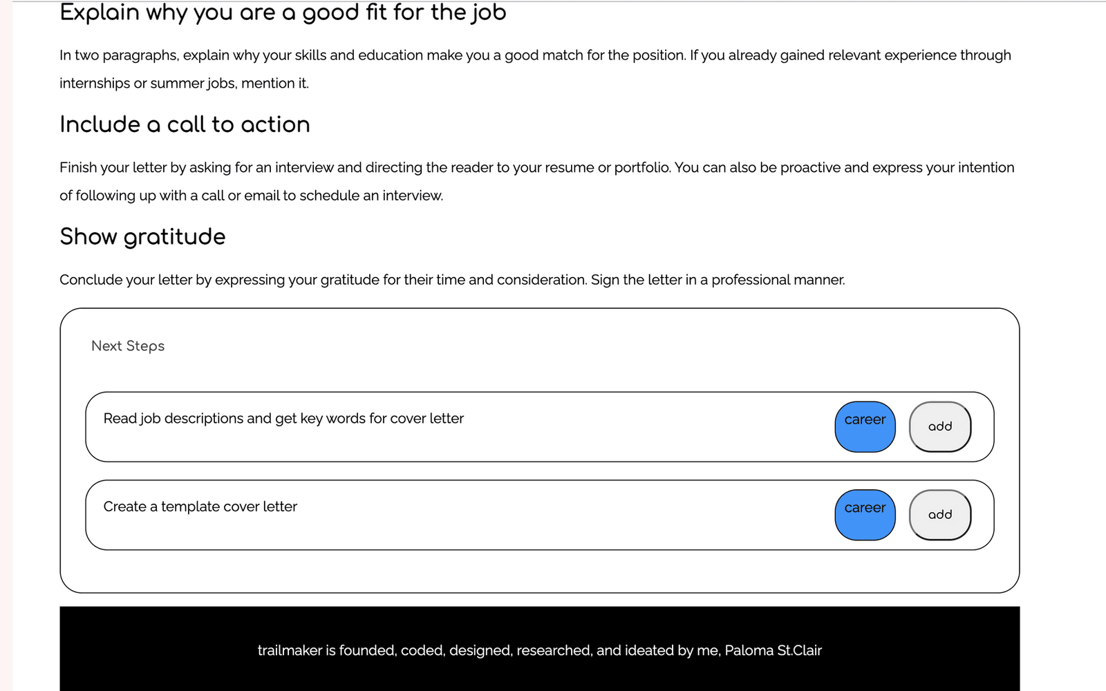 An article page ending in next steps a student can add straight to their to-do list — cover-letter writing, in this example.