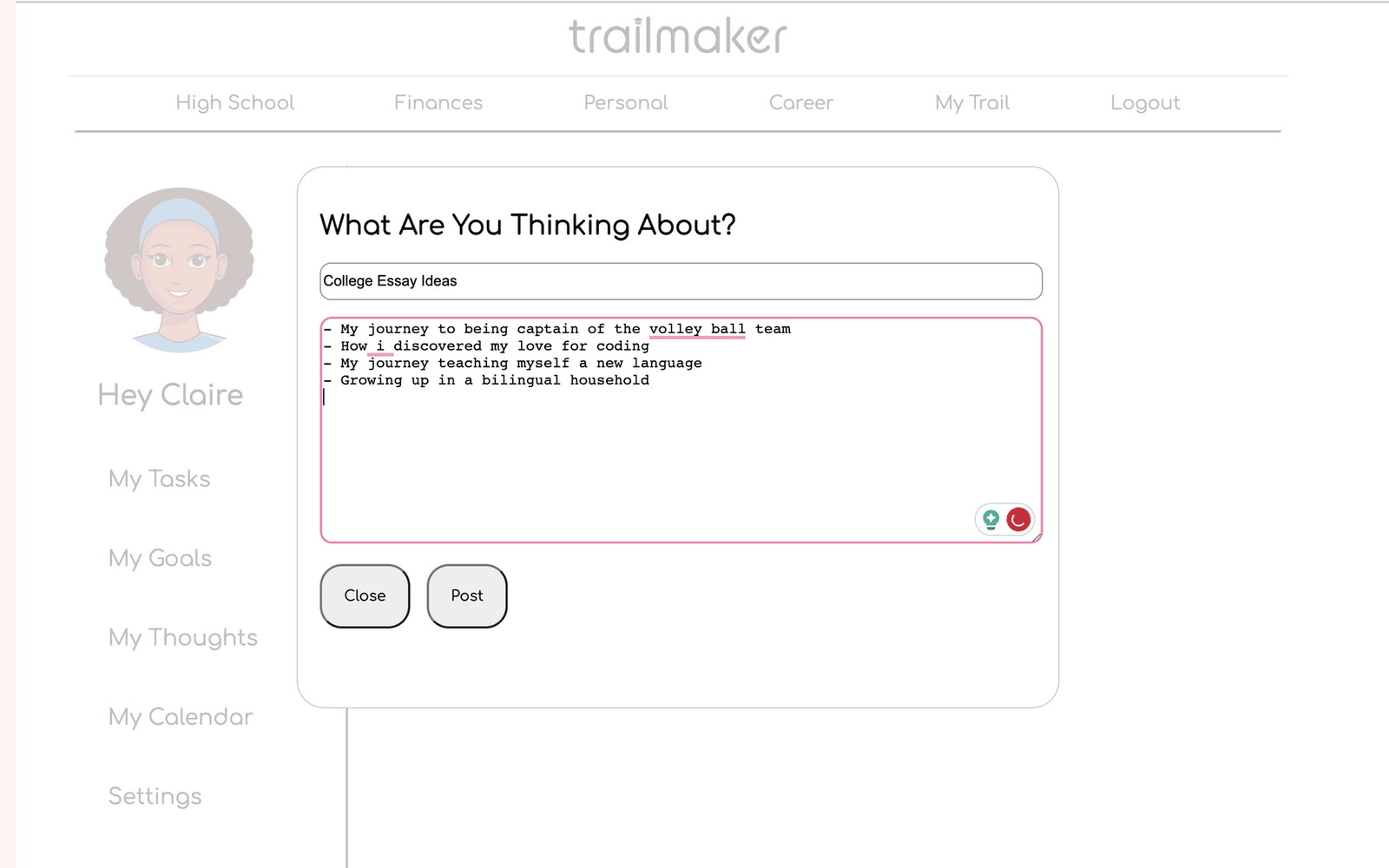 The 'My Thoughts' space, mid-use — a student brainstorming college essay topics.