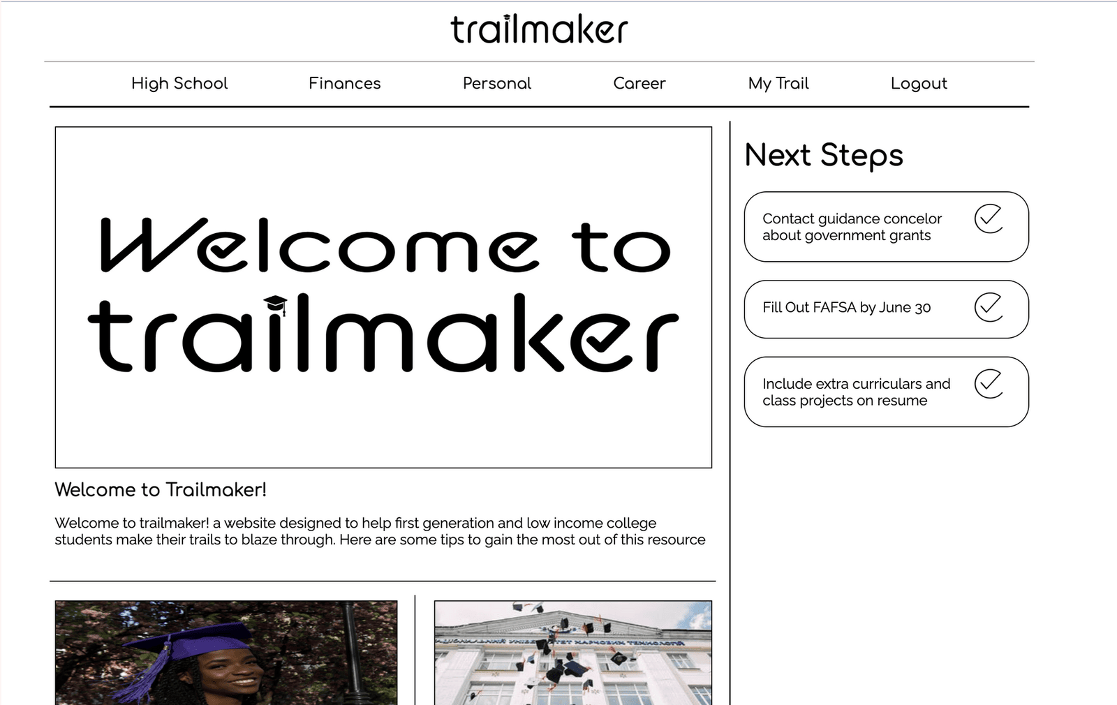 The final welcome screen — a student's next steps are waiting for them immediately, before they've had to go looking for anything.