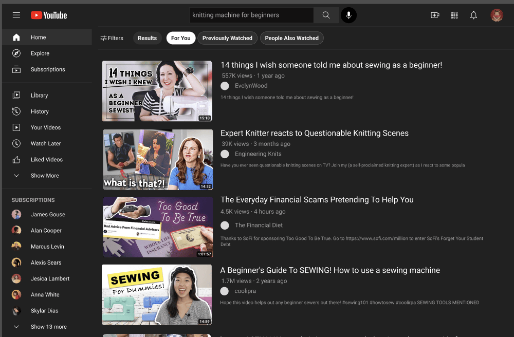 Switching to the For You tab surfaces YouTube's usual recommendations — sewing tutorials, an unrelated finance video — content that would have previously cluttered the results page but is now one deliberate tap away instead of eight rows down.
