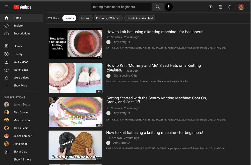 Searching “knitting machine for beginners”: the Results tab holds only videos that match the query — no algorithmic content mixed in.
